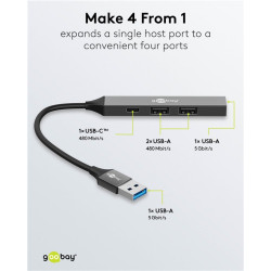 Goobay Slim 4-Port USB Hub, USB-A to USB-C/USB-A, 5 Gbit/s | 74458