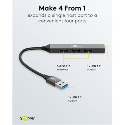 Goobay Slim 4-Port USB Hub, USB-A to USB-A, 5 Gbit/s | 74456