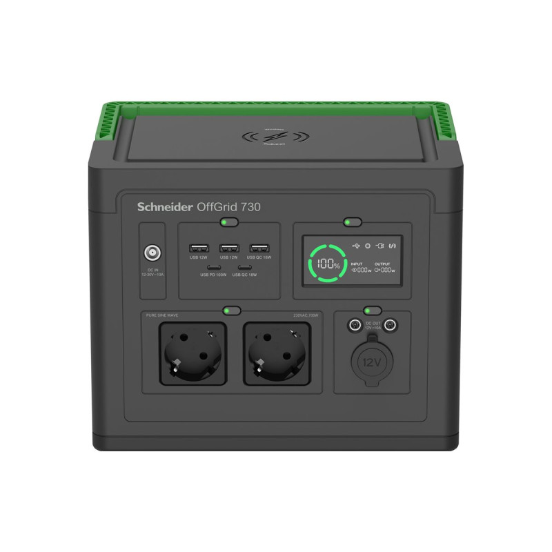 APC OffGrid Portable Power Station 730, 738Wh Lithium-ion, LCD, 2 CEE 7/3 Schuko outlets, Sinewave, 3 USB-A, 2 USB-C, Wireless C