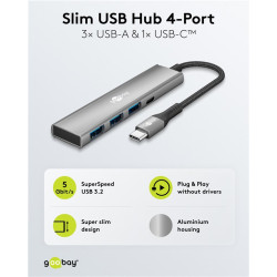 Goobay 76562 Slim 4-Port USB-Hub, USB-C auf USB-C /USB-A, 5 Gbit/s, Grey | Goobay