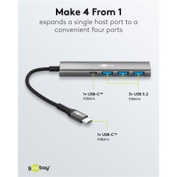 Goobay 76562 Slim 4-Port USB-Hub, USB-C auf USB-C /USB-A, 5 Gbit/s, Grey | Goobay