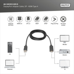 Digitus Adapter Cable, DP - HDMI type A | DisplayPort to HDMI | 2 m
