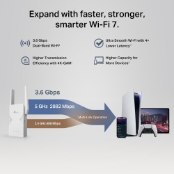 TP-LINK BE3600 Dual-Band Wi-Fi 7 Range Extender | RE235BE | 802.11ax | 688/2882 Mbit/s | Ethernet LAN (RJ-45) ports 1 | MU-MiMO 