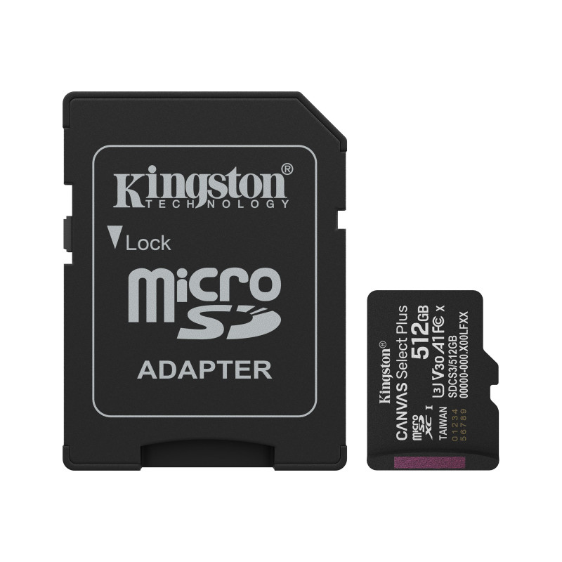 Kingston Canvas Select Plus | 512 GB | microSD | Flash memory class Class 10, UHS-I, U1/U3, video class 10/30, A1