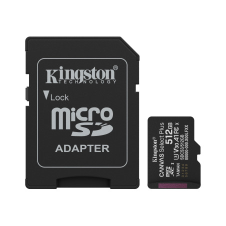 Kingston Canvas Select Plus | 512 GB | microSD | Flash memory class Class 10, UHS-I, U1/U3, video class 10/30, A1
