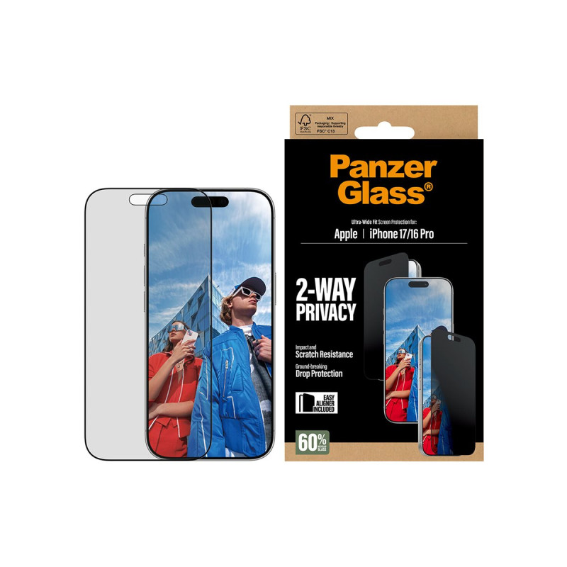 PanzerGlass Screen protector | Apple | iPhone 17/iPhone 16 Pro | Tempered Glass | Transparent | Ultra-Wide Fit w. EasyAligner