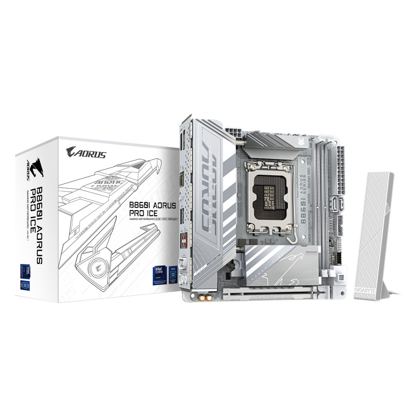 Gigabyte B860I AORUS PRO ICE | Processor family Intel | Processor socket LGA1851 | DDR5 | Supported hard disk drive interfaces S