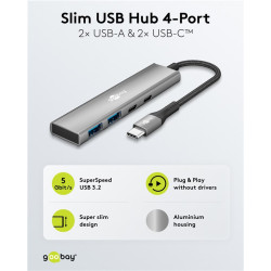 Goobay Slim 4-Port USB Hub, USB-C to USB-C/USB-A, 5 Gbit/s | 76563