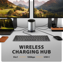 AXAGON USB-C 10Gbps Wireless Charging 9in1 hub | HMC-WL9
