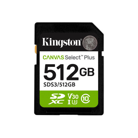 Kingston Canvas Select Plus | 512 GB | SD | Flash memory class Class 10, UHS-I, U1/U3, Video Class 10/30