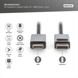 Digitus 4K DisplayPort Adapter Cable, DP - HDMI Type A | DB-340202-018-S | 1.8 m