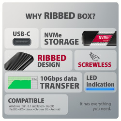 AXAGON USB-C 10Gbps M.2 NVMe SSD Enclosure, Screwless, RIBBED Aluminum | EEM2-SC
