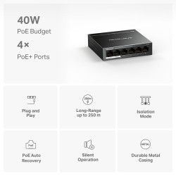MS106LP | Mercusys 6-Port 10/100 Mbps Desktop Switch with 4-Port PoE+ | Desktop | 10/100 Mbps (RJ-45) ports quantity 6