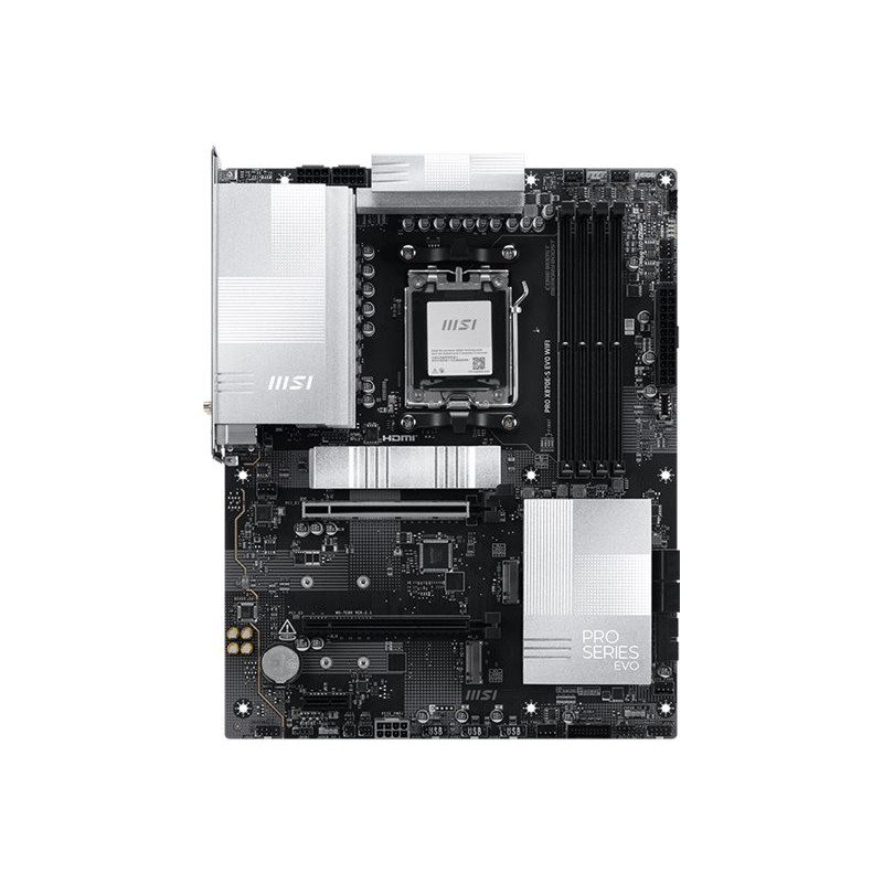 MSI PRO X870E-S EVO WIFI | Processor family AMD | Processor socket AM5 | DDR5 | Supported hard disk drive interfaces SATA, M.2 |