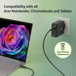 Acer 100W PD GaN Charger, 3 x USB C and 1 x USB A, EU Plug, 100W USB-C cable, Black, Retail Pack