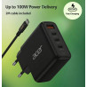 Acer 100W PD GaN Charger, 3 x USB C and 1 x USB A, EU Plug, 100W USB-C cable, Black, Retail Pack