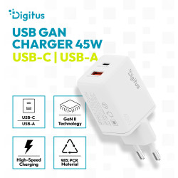 Digitus | USB GaN Charger 45W, 1x USB-C, 1x USB-A | DA-10302