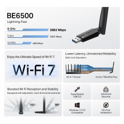 TP-LINK BE6500 Tri-Band Wi-Fi 7 High Gain Wireless USB Adapter | Archer TBE400U Plus | 2.4 GHz, 5 GHz, 6 GHz | 802.11ax | MU-MiM