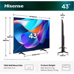 Hisense TV | 43A6S | 43" | Smart TV | VIDAA OS | UHD | Black