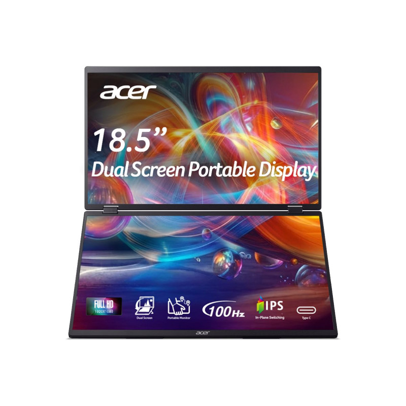 Acer PD19F 47cm 18.5'' FHD Dual Portable IPS 100Hz 16:9 4ms (GTG) 250nits HDMI 2xType-C MM Audio Out EU Black H.cable x1 U.cable