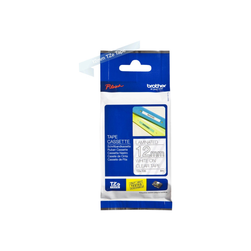 Brother | TZe-135 Laminated Tape | White on Clear | TZe | 8 m | 1.2 cm