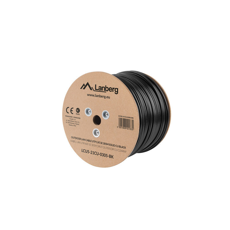 Lanberg Cable Cat.5E UTP 305M Solid Outdoor CU Black Fluke Passed | LCU5-21CU-0305-BK