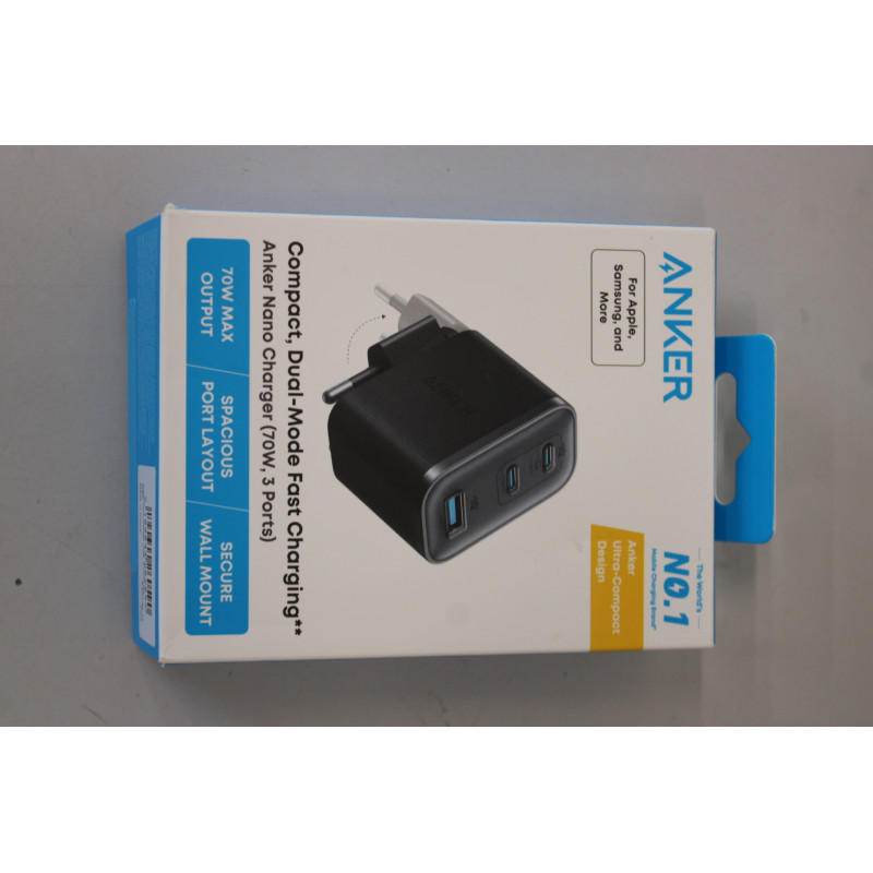 SALE OUT. Anker Nano Charger 70W, 3 ports, Black | Anker Nano Charger 70W, 3 ports, Black | 2 x 24 pin USB-C, 4 pin USB Type A |
