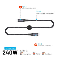Fixed Braided Cable USB-C/USB-C, 2m, USB4 gen2 20Gbps, 4K 60Hz, 240W | FIXDBP-CC2-GR